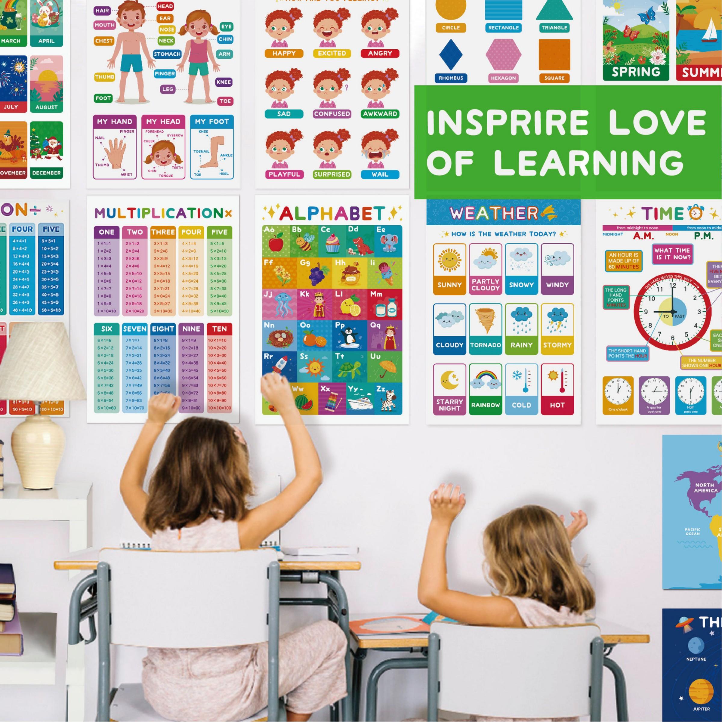 18-Piece Large Pre-K Poster Set (11x16.5 Inches), Modern Laminated Learning Charts for Toddlers, Alphabet Learning Chart, Perfect Home & Classroom Wall Decor, Classroom Supplies Charts