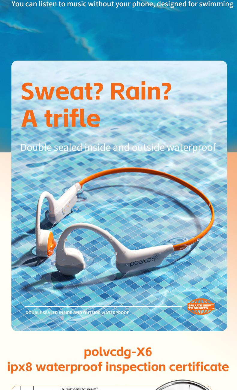 POLVCDG X6 wireless bone conduction headphones are deeply waterproof, 10 hours long battery life, 28g lightweight body 32GB large capacity.