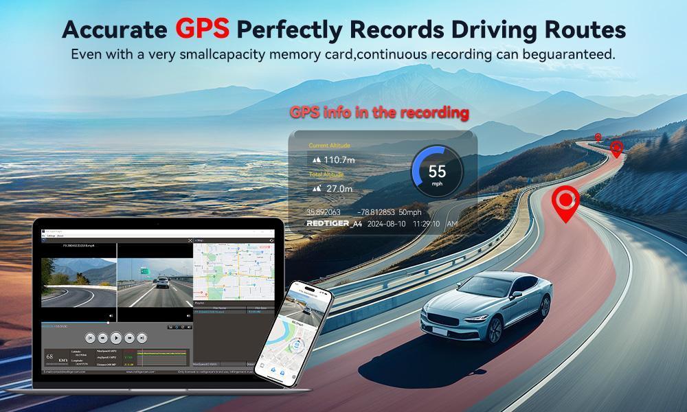 REDTIGER A4 Front & Rear Dash Cam Dashcam For Cars, 5.8GHz WiFi, 2" Touchscreen, 64GB Card，Advanced Car DVR w/Parking Monitoring, Loop Recording for Trucks & Cars