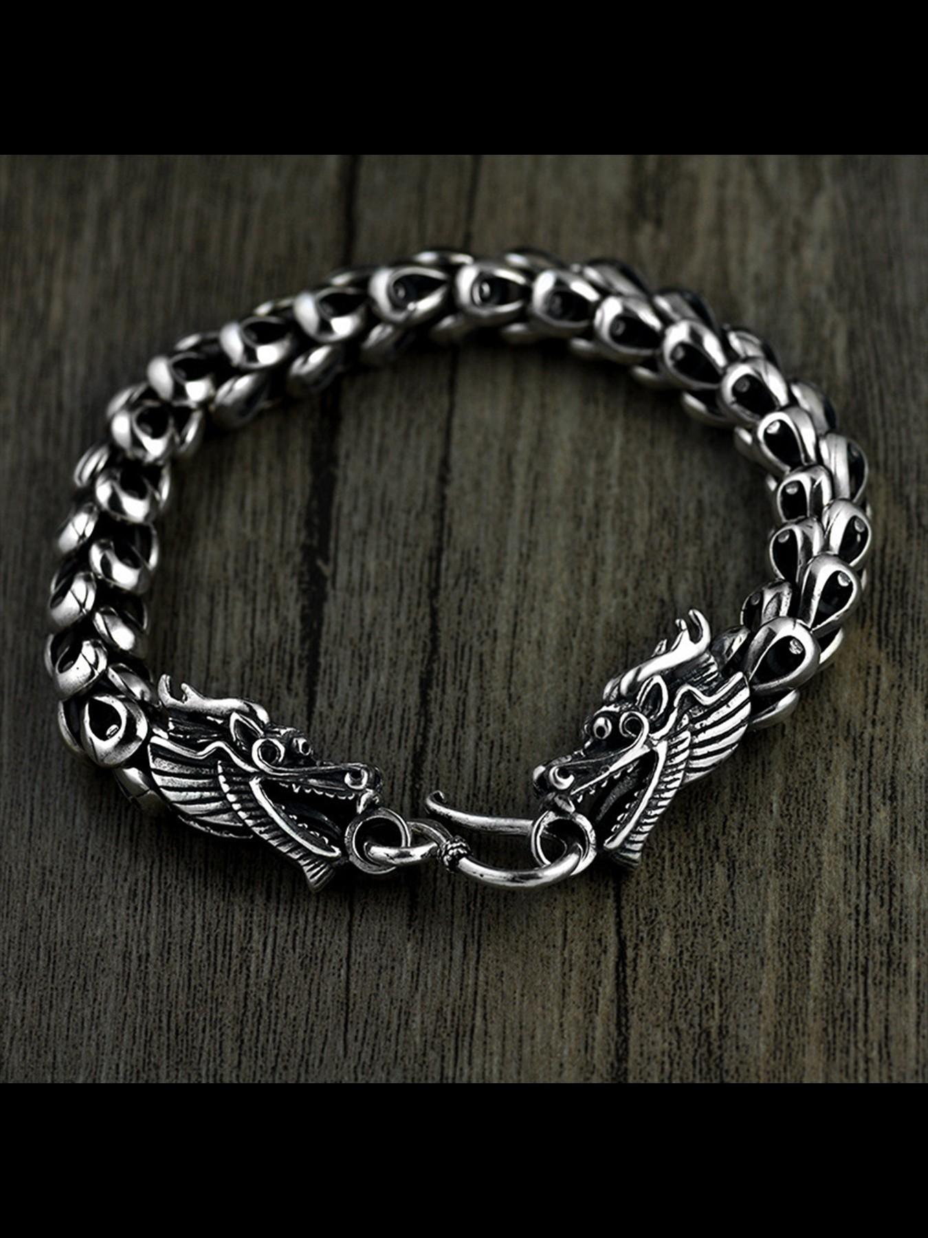 New Fashion Versatile Thai Dual Dragon Head Hand Chain, Men's Trendy Thick Dragon Scale Lucky Twelve Zodiac Dragon Bracelet