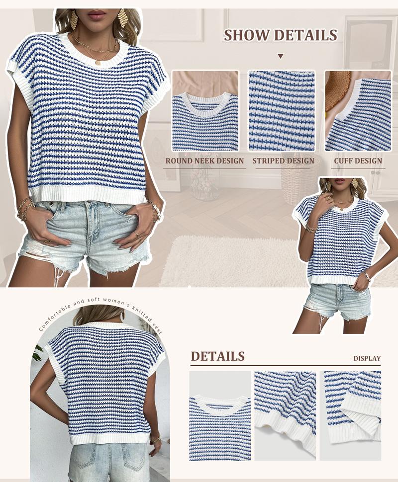 Women's Striped Knitted Vest Top, Round Neck Cap Sleeve Casual Loose Fit, Elegant Summer Fashion, Versatile Women's Knitwear