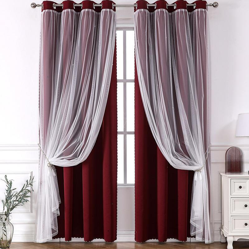 French Romantic Aesthetic Two-Layer Cloth Light-Blocking Finished Curtain, Fashionable Hole Drapery for Living Room, Stylish and Trendy Window Covering, Home Textile