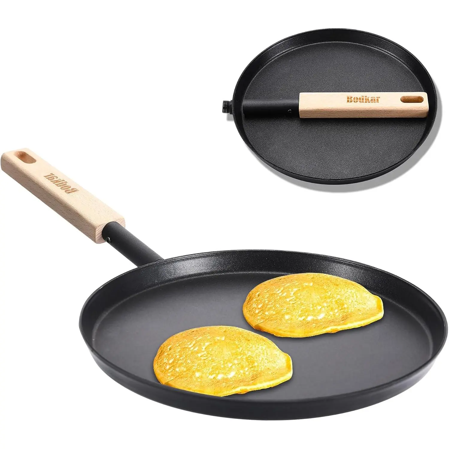 Outdoor activitiesbodkar Frying Pan Skillet Pre-Seasoned 8-inch Flat Griddle Pan| Lightweight Grill Pan with Wooden Handle for Camping Indoor Outdoor Cooking (Black, 8-inch)