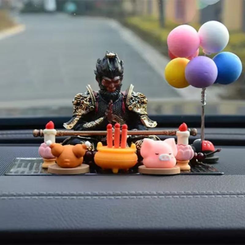 Hand-Painted Monkey King Statue Figurine with Golden Staff, Unique Car Dashboard Decor, High-Quality Mythical Chinese Art Collectible
