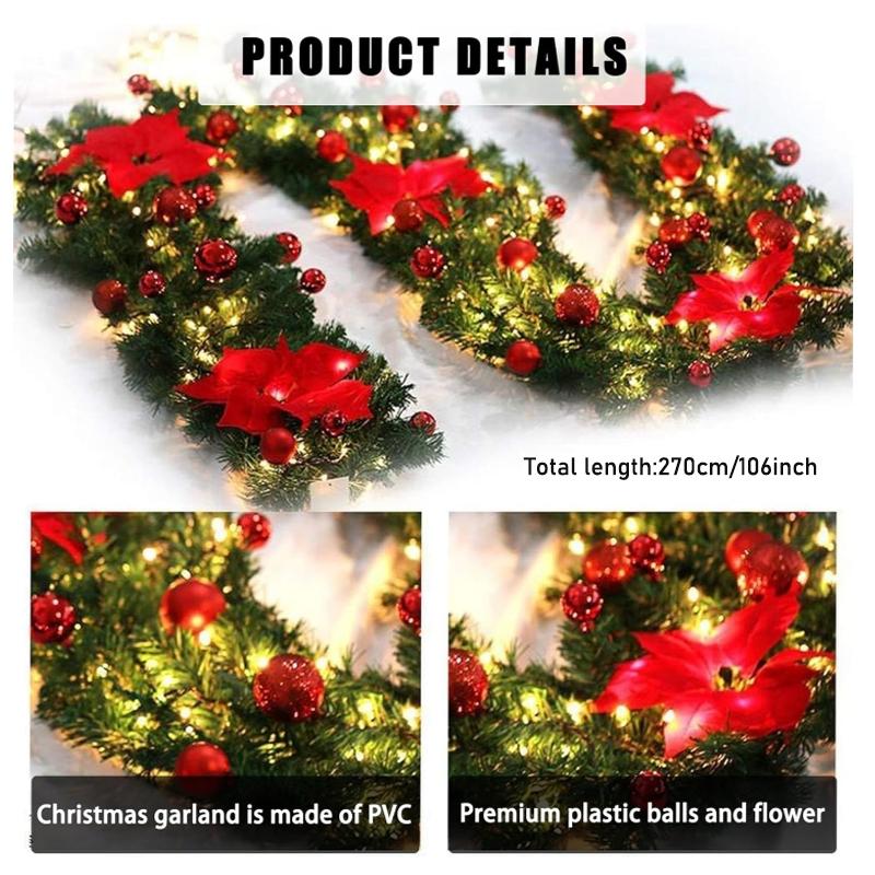1 artificial Christmas garland light, green vines with red flowers indoor decorative lights, battery-powered LED lights, 2025 new Christmas atmosphere lights, suitable for home stairs, fireplaces, front porch doors, indoor and outdoor Christmas decoration