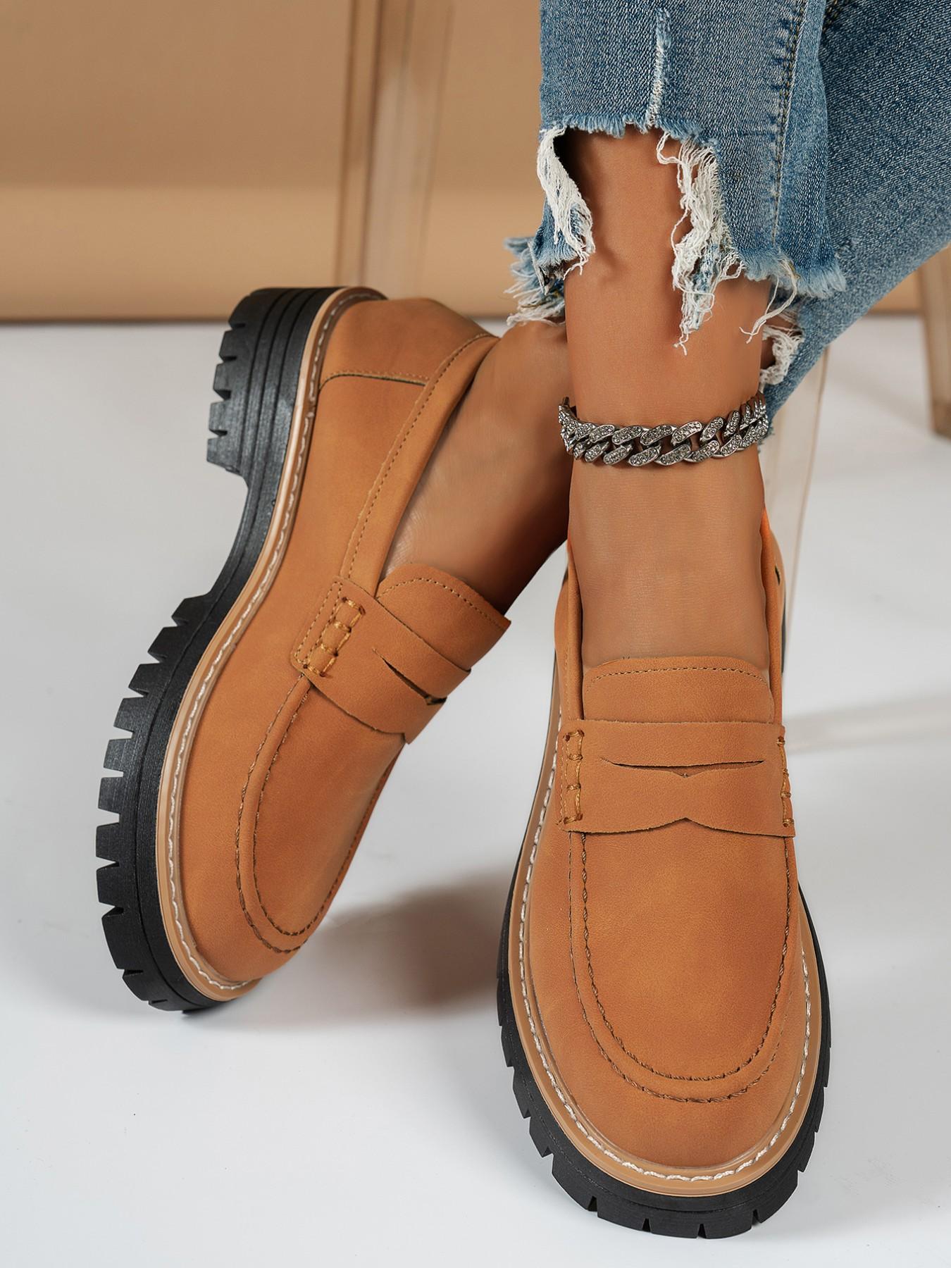 Women's Thick Sole Loafers, PU Leather Loafers, Platform Loafers, Slip-On Design, Casual Style, Height Increasing Comfort, Perfect for Commuting, Leisure Outings, Light Social Events, Casual Flats