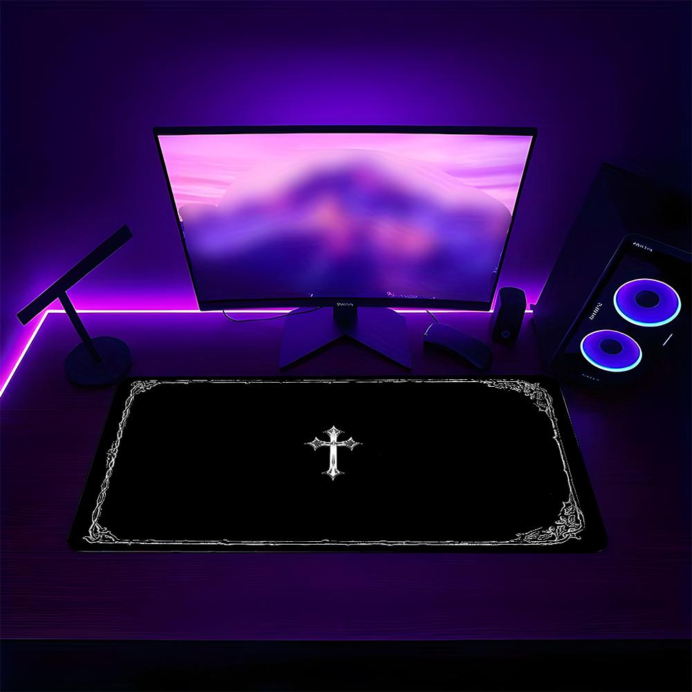 Dark Occult Cross Theme Large Extended Gaming Mouse Pad, Non-Slip Rubber Base Stitched Lock Edge, Intricate Frame Art Desk Mat, Durable PC & Laptop Accessory for Home/Office, Great Gift for Alt Aesthetic Fans, Computer Mouse Pad, Mousepad