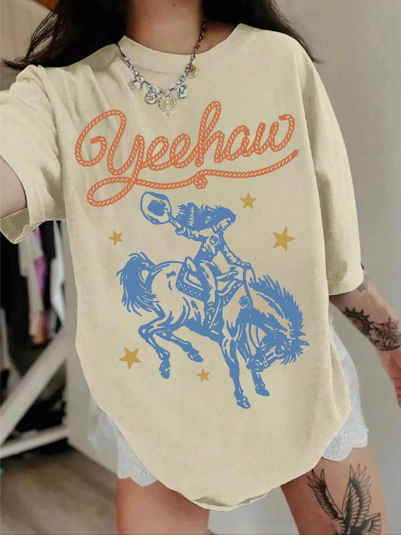 Women's Letter & Cowboy Print Drop Shoulder Tee, Casual Half Sleeve Round Neck T-shirt for Daily Wear, Ladies Clothes for All Seasons, Womenswear