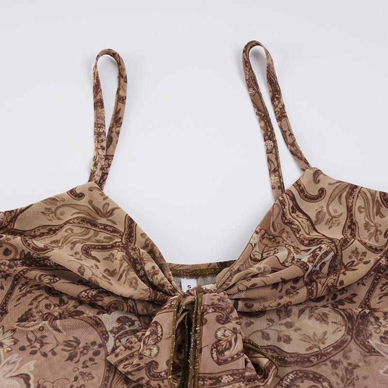 Vintage Walnut Flower Print Mesh Halter Top, Contrast Lace, Sleeveless, Irregular Hem, Y2K Aesthetic, Slim Fit, All Seasons, Cropped Cami Top