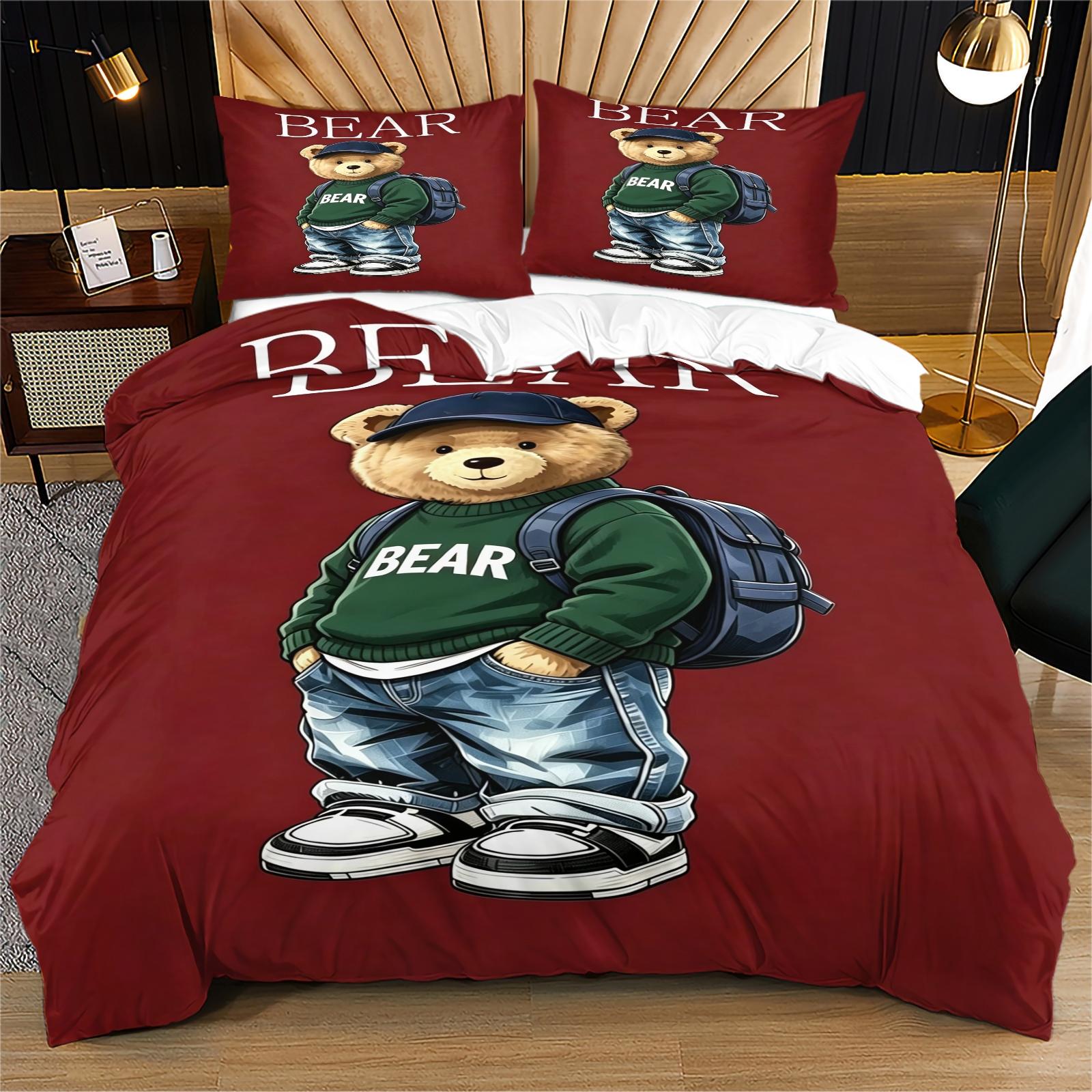 Handsome teddy bear printed pattern duvet cover set, including 1 duvet cover and 1 or 2 pillowcases, without a core or pillow, suitable for bedroom or dormitory bedding set, suitable for gift giving or personal use, Bedroom Decor