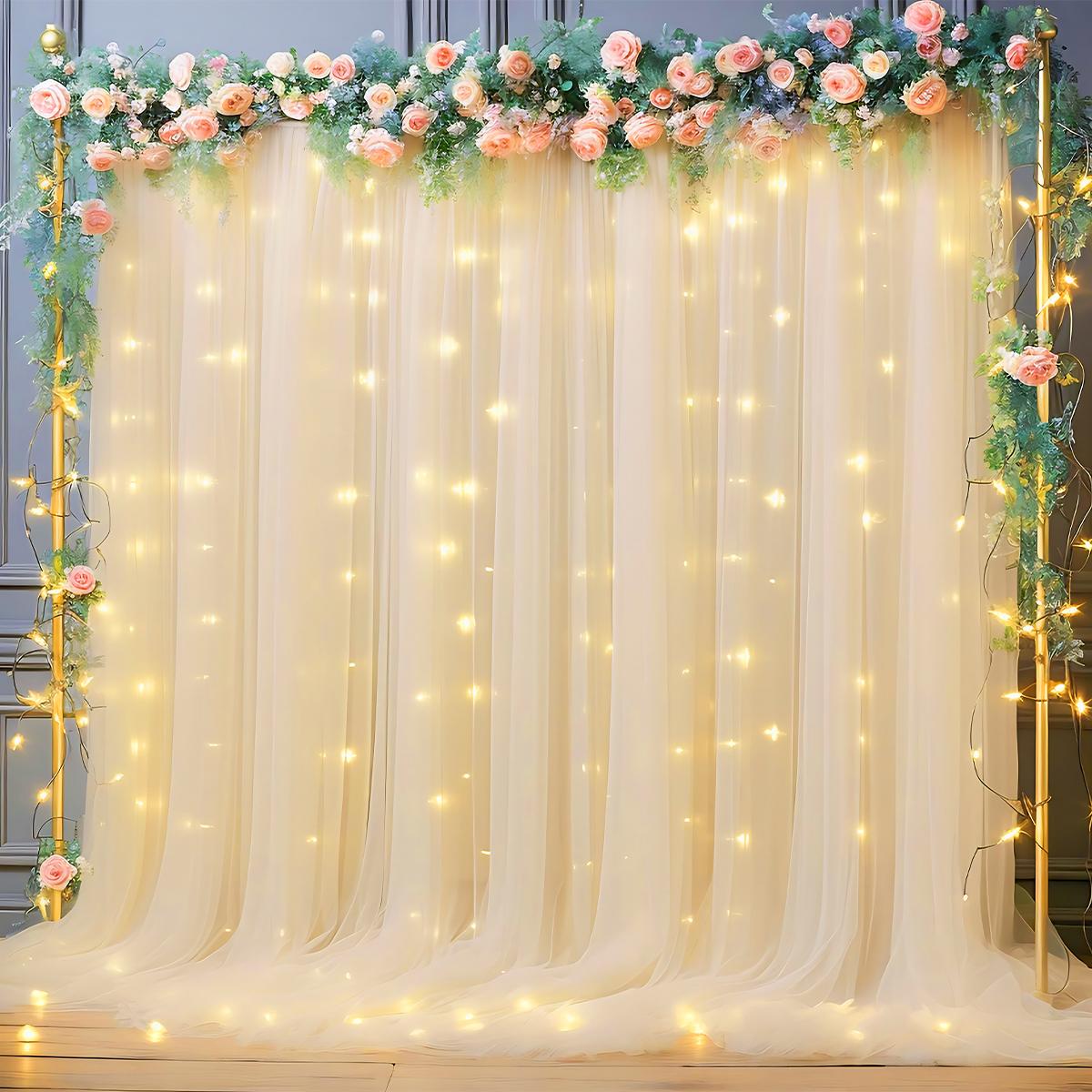 1set 9.84ft x 7.05ft White Sky Blue Pink Green Purple Champagne Sheer Backdrop Curtains with Lights for Baby Shower Wedding Bridal Shower Happy Birthday Party Decor Photobooth Props Holiday Festival Decor Home Decorative Hanging Ornaments