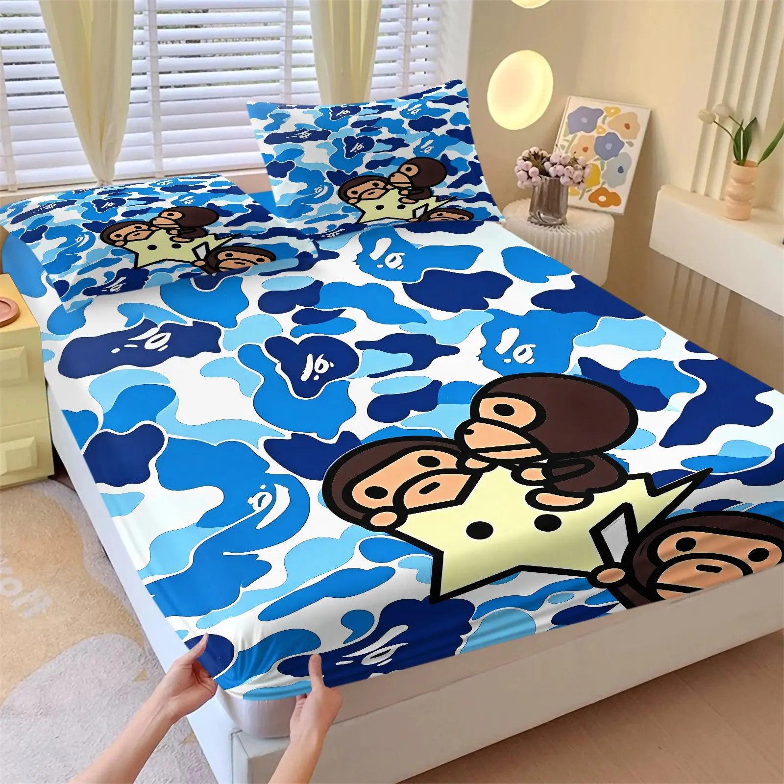 3pcs Blue Camo Monkey Star Fitted Sheet Set, Includes 1 Fitted Sheet + 2 Pillowcases, Soft Comfortable Breathable Microfiber, Streetwear Cartoon Print Bedding, Aesthetic Bed Cover, Great Gift for Teens Young Adults Room Decor