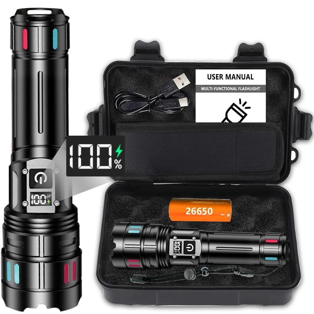 Aluminum Alloy Rechargeable Flashlight, Portable Display Multifunctional 30w Extendable Camping Fishing Night Riding Torch Aluminum Alloy Rechargeable Flashlight, Portable Display Multifunctional 30w Extendable Camping Fishing Night Riding Torch