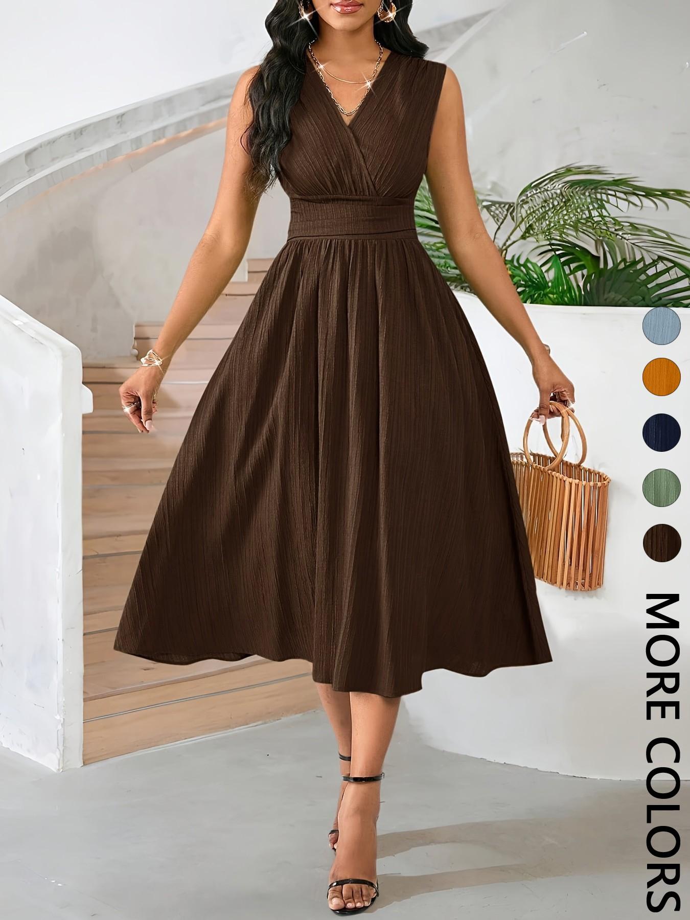 Women's Comfortable Minimalist Sleeveless Textured Ruched Dress for Office Wear & Summer Events