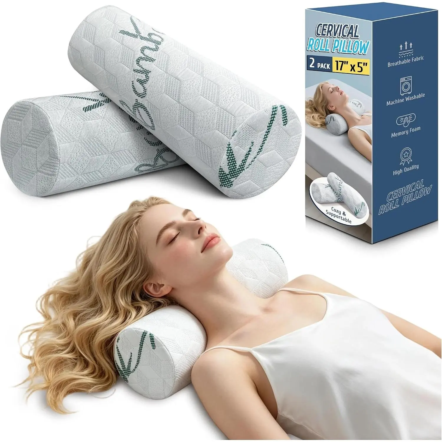 Cervical Roll Pillow, Cylinder Neck Pillow with Removable Washable Cover | 2 Pack Round Bolster Pillow for Neck, Back, Leg, and Knee Support, 5" x 17"
