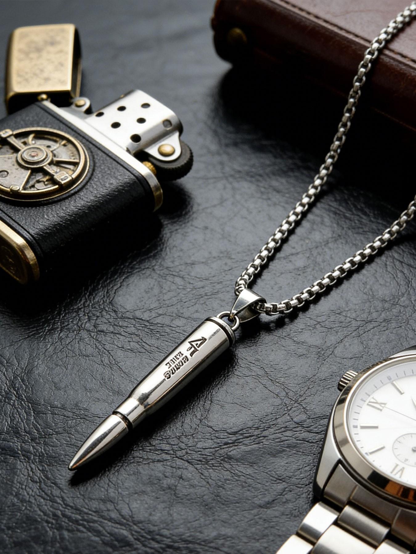 Cf Bullet Necklace Titanium Steel Pendant, Military Enthusiast Accessory, Hypoallergenic, Anti-Oxidation, Stackable, Hip Hop Streetwear