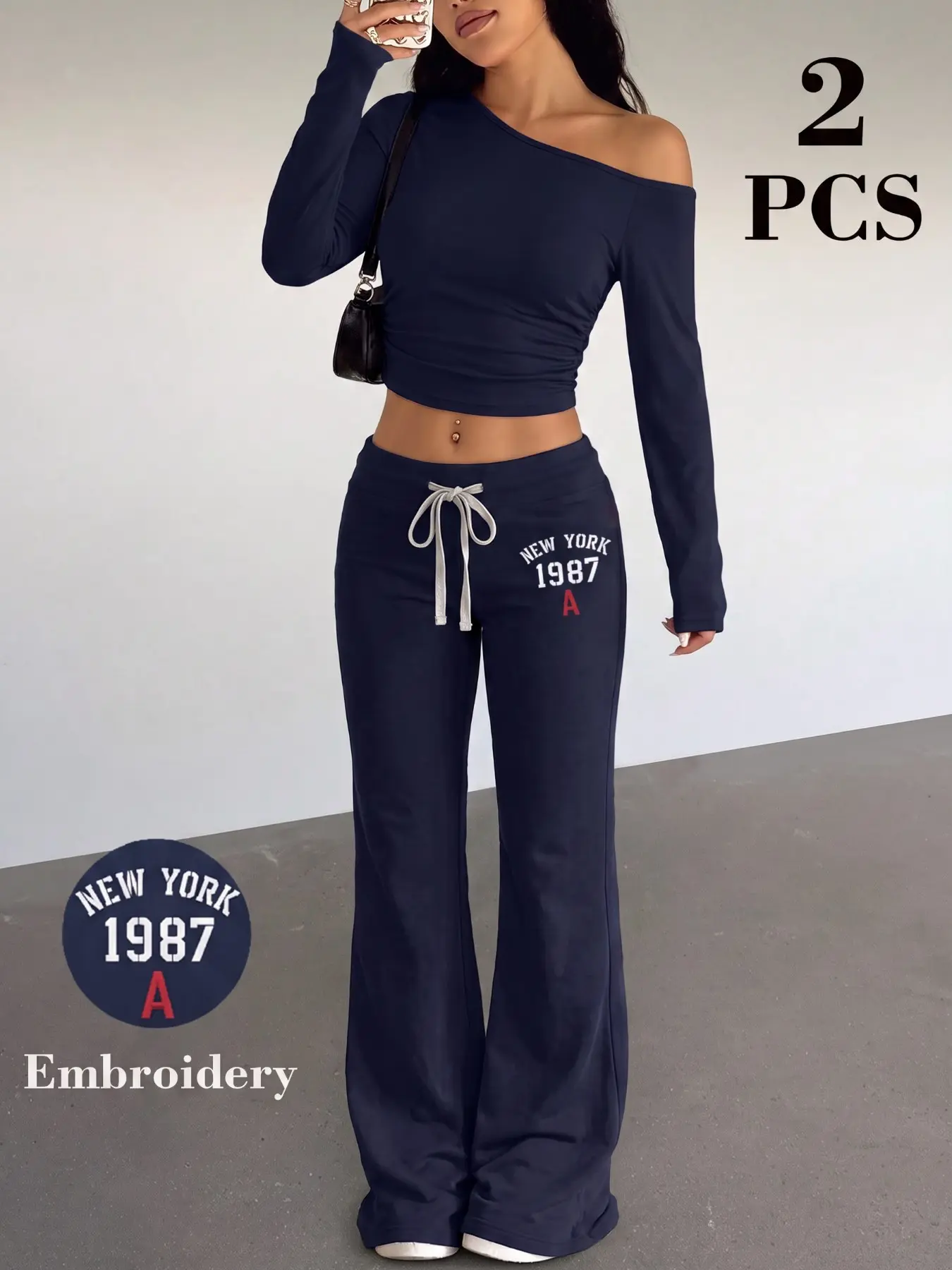 2 Piece Women Lounge Set Off Shoulder Long Sleeve Ruched Crop Top And Embroidery New York 1987 Drawstring Flared Sweatpants, Soft Stretchy Casual Matching Outfit Suitable For Daily Stylish Autumn Outfits Women And Comfortable Women Clothes