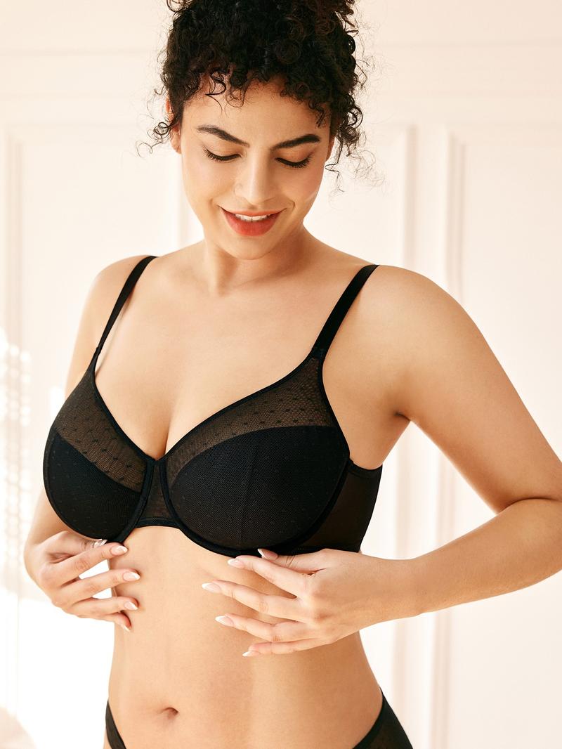 Women's Polka Dot Lace Underwire Full Cup Bra, Comfortable Breathable Mesh Cups, Medium Support, Fitted Design, All Seasons