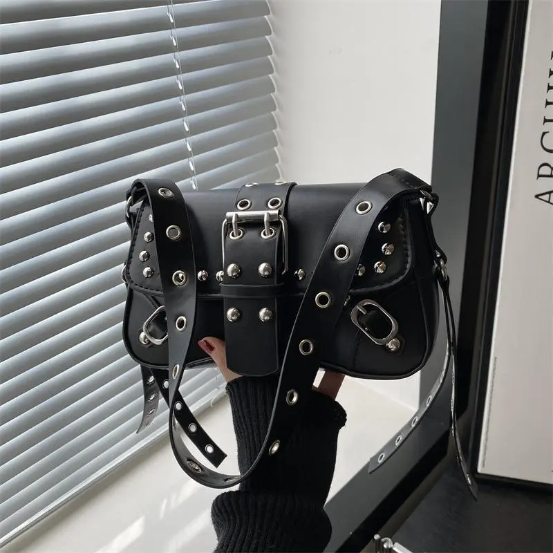 Women's Black Baguette Shoulder Bag, Trendy Y2K Moto Style Underarm Purse with Rivet Metal Buckle Detail, Edgy Rock Chic Crossbody Handbag, Glossy Minimalist Design Fashion Bag for Daily Commuting, Shopping, Dating & Casual Outfits