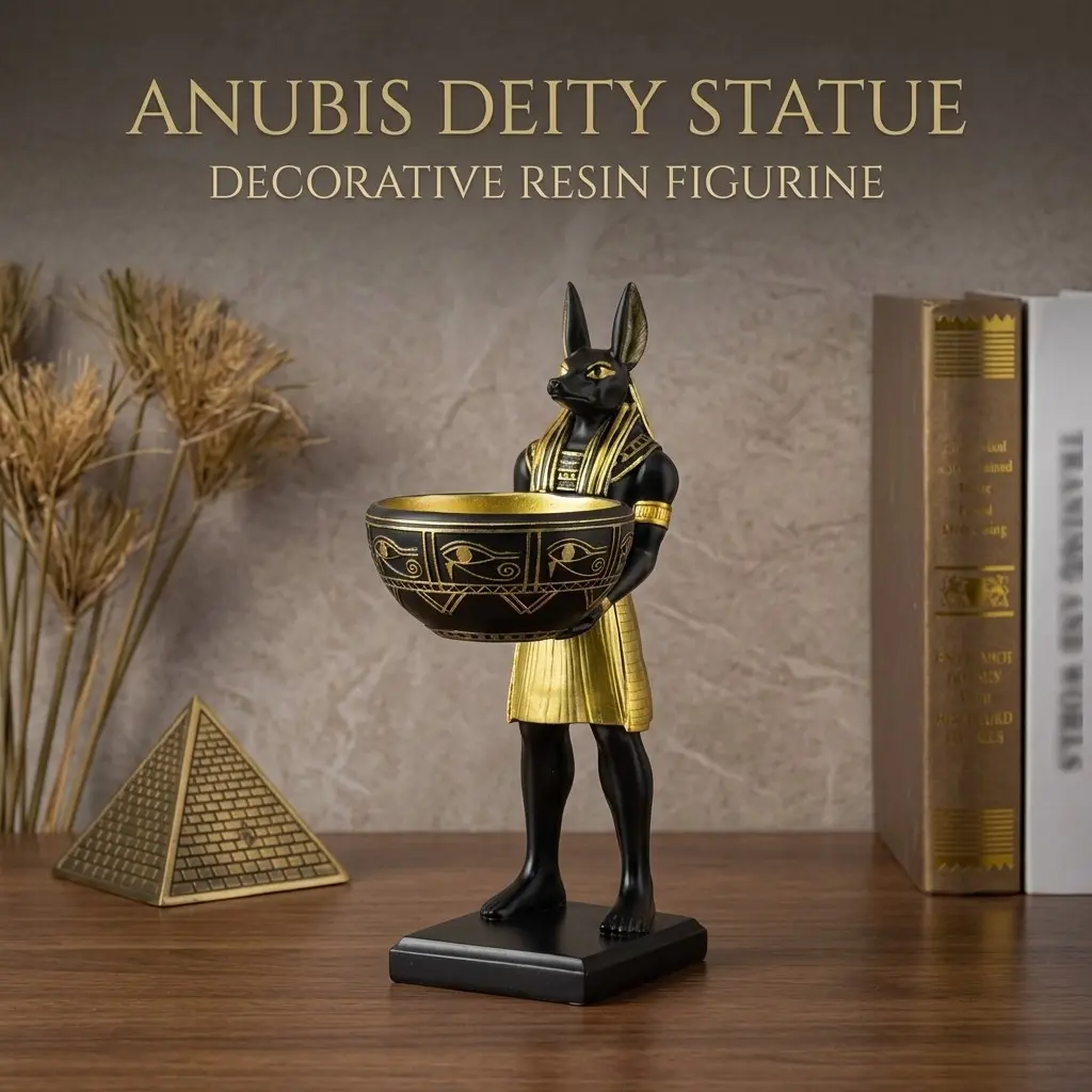 Egyptian God Anubis Statue with Catchall Tray - Black & Gold Resin Figurine Key Bowl, Ancient Egypt Home Desk Decor, Tabletop Decor