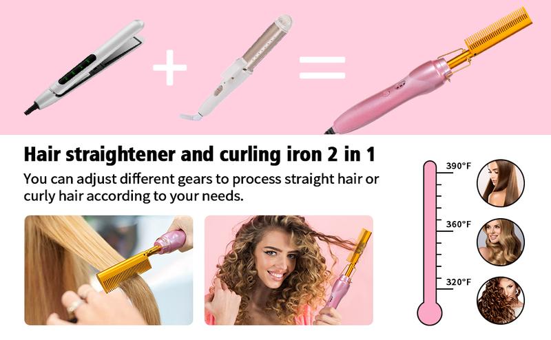 19 counts Pink Electric Hot Comb Hair Straightener Hot Comb Electric for Wigs Electrical Straightening Comb Curling Iron Smooth Adjustable Salon Brush