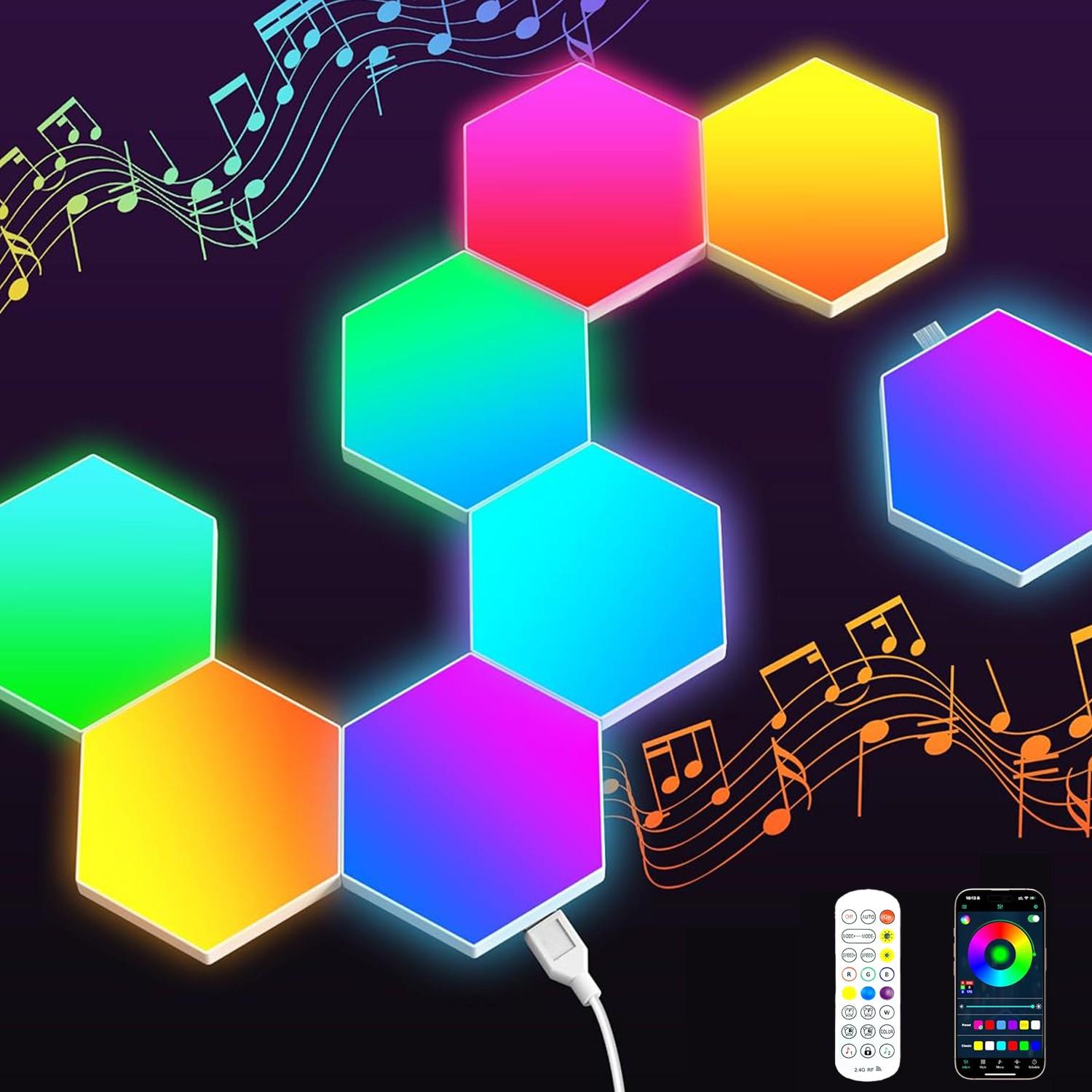 Hexagonal Wall Light Panel, Smart APP RGB Hexagon LED Modular Strip Remote Control, Music Sync Function for Gaming Room, Living Room, Bedroom