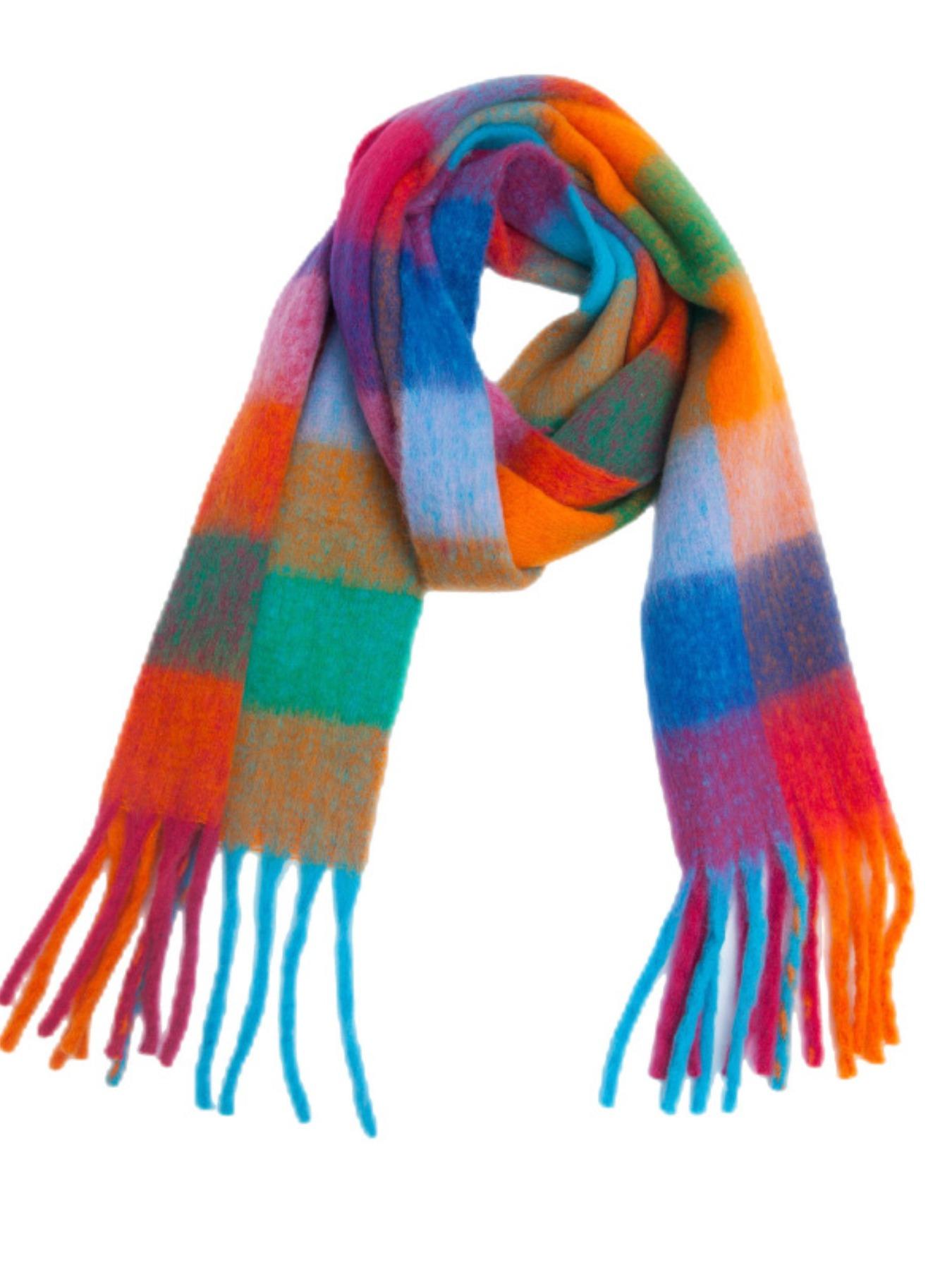 Bohemian colored Rainbow Stripes mesh winter tassel coarse scarf, thick, soft and warm shawl, autumn and winter cold and hot protection windproof wrapping hijab, scarf and neck, suitable for women, Casual Soft Shawl