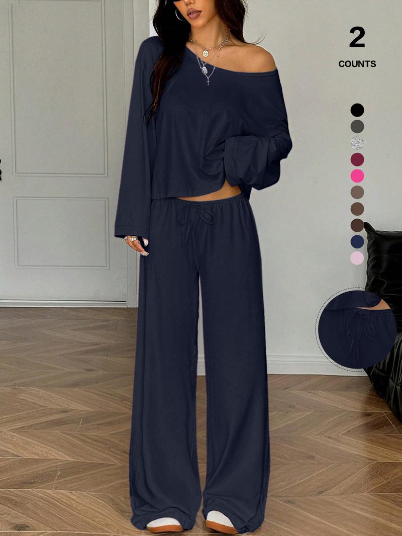 Women's 2 Piece Matching Lounge Set, off the Shoulder Long Sleeve Top, Drawstring Wide Leg Pants, Casual Sweatsuit, All Seasons