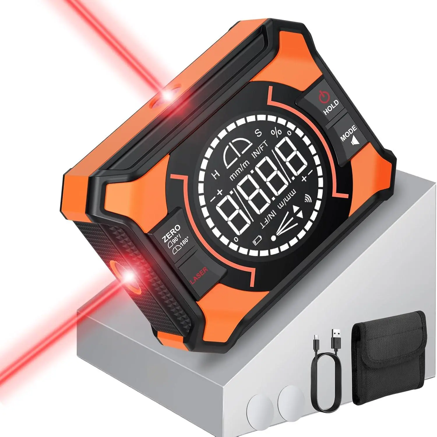 Rechargeable Digital Angle Finder with Laser and Magnetic Base, 4×90° & 2×180° Electronic Inclinometer Protractor Level Gauge for for Woodwork, Miter Saw, Hanging Frames