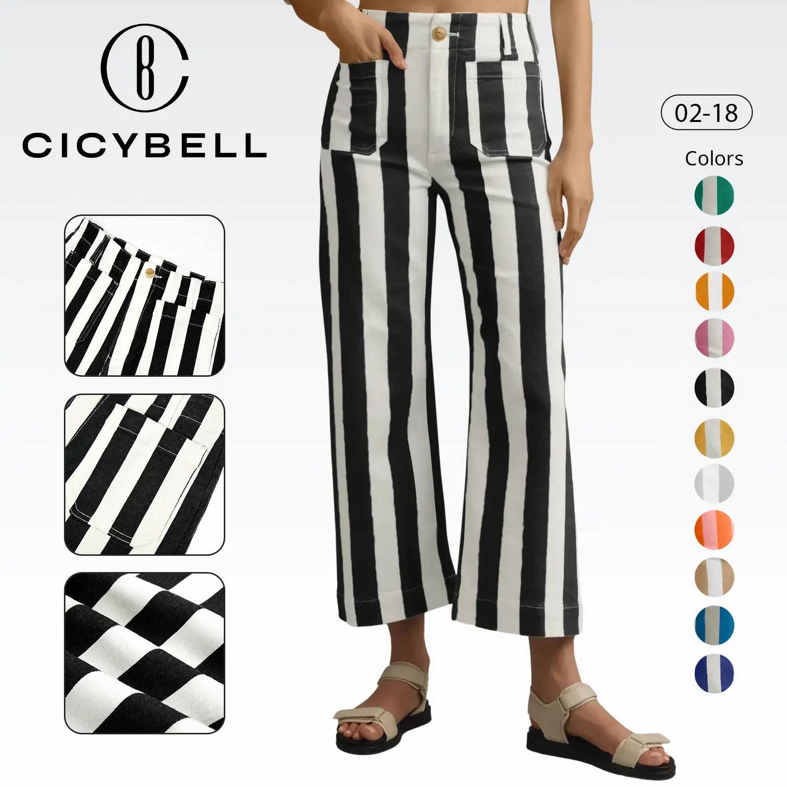 Cicy Bell Womens Cropped Striped Jeans Casual High Waisted Stretchy Polka Dots Straight Leg Denim Pants with Pockets