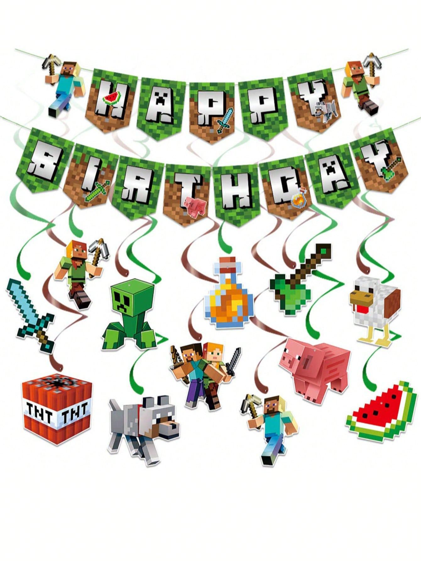 Pixel Art Game Theme Birthday Party Banner Set, Spiral Hanging Decorations, Wall & Background Decoration, Holiday Party Supplies