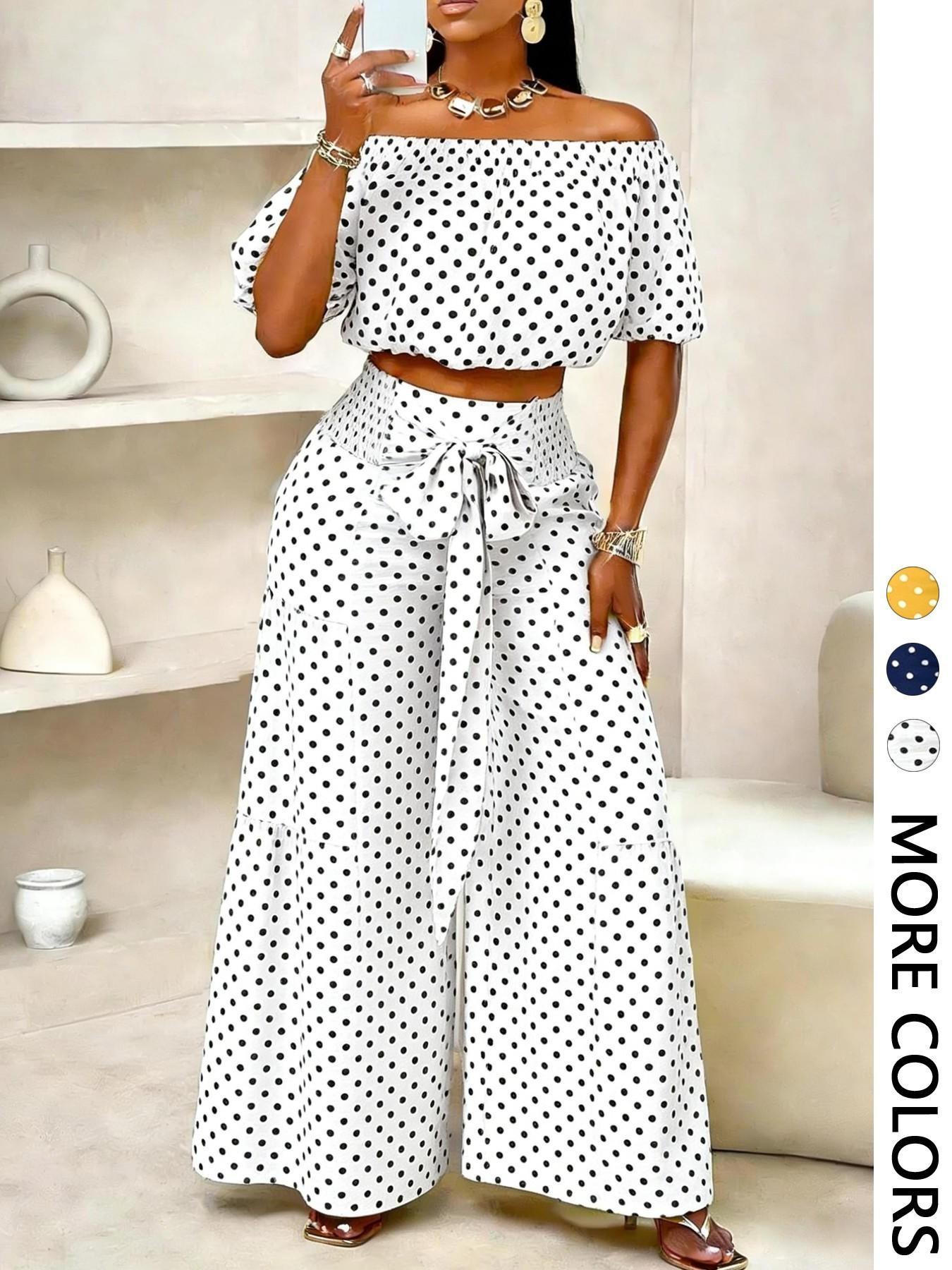 Summer Beach Vacation Bow Shoulderless Round Neck Shirt Wide Leg Pants Set, Casual Loose-Fitting, Women's Fashion, Womenswear Summer Beach Vacation Bow Shoulderless Round Neck Shirt Wide Leg Pants Set, Casual Loose-Fitting, Women's Fashion, Womenswear