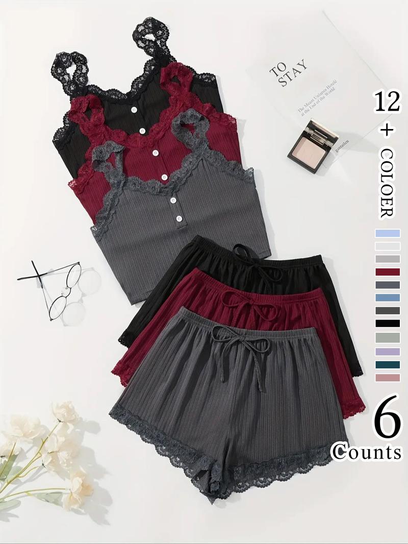 Women's Elegant Contrast Lace Button Cami Top & Elastic Waist Tie Front Shorts Pyjama Set, Casual Comfortable Loungewear Set For Women, Pyjamas for Women