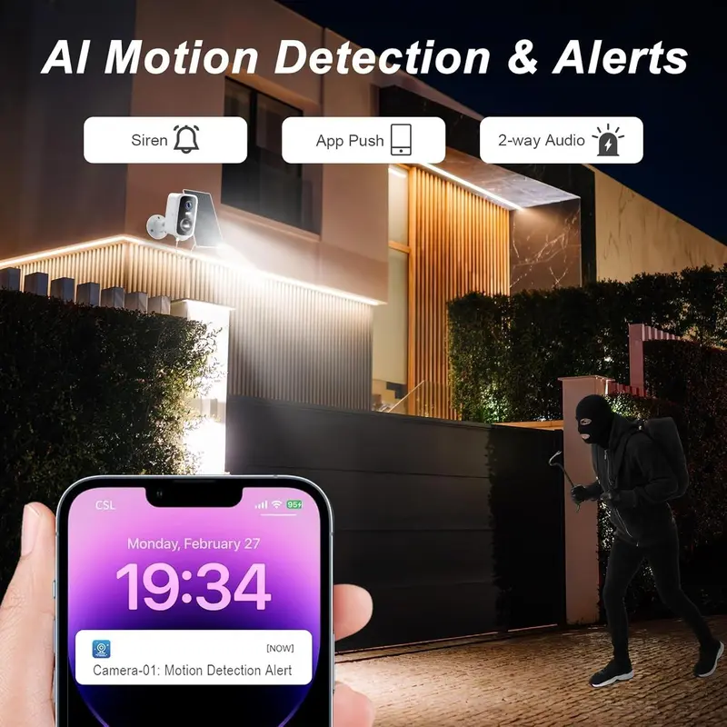 2K HD Resolution Wireless Solar PTZ Surveillance Security Camera for Home Outdoor - 2.4GHz Wi-Fi, Battery Powered, IP66 Waterproof, AI Motion Detection, Siren, 2-Way Talk, Full Color Night Vision, MicroSD Support, Wall Mount, Digital Camera