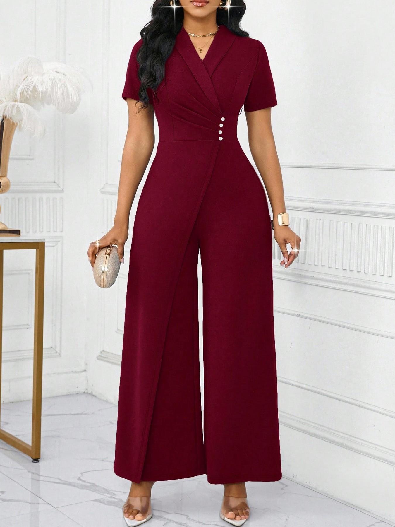 Spring Summer Slim Fit Women's Jumpsuit, Cross Neck Pure Color Single Button Waist Cinching Long, St Patrick's Day Party Wedding Season