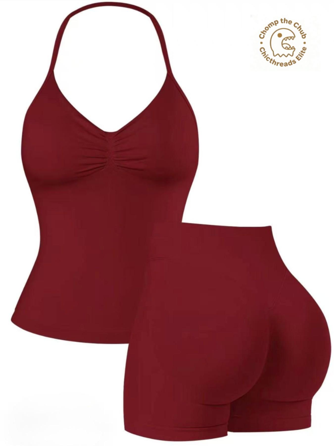 Bootie Lifting & Snatched Waist Yoga Set, Halter Ruched Top + High Waist Sculpting Shorts, Ideal for Gym, Yoga, Activewear, Gym Workout Set, High Stretch Sporty, Gym Clothes Workout