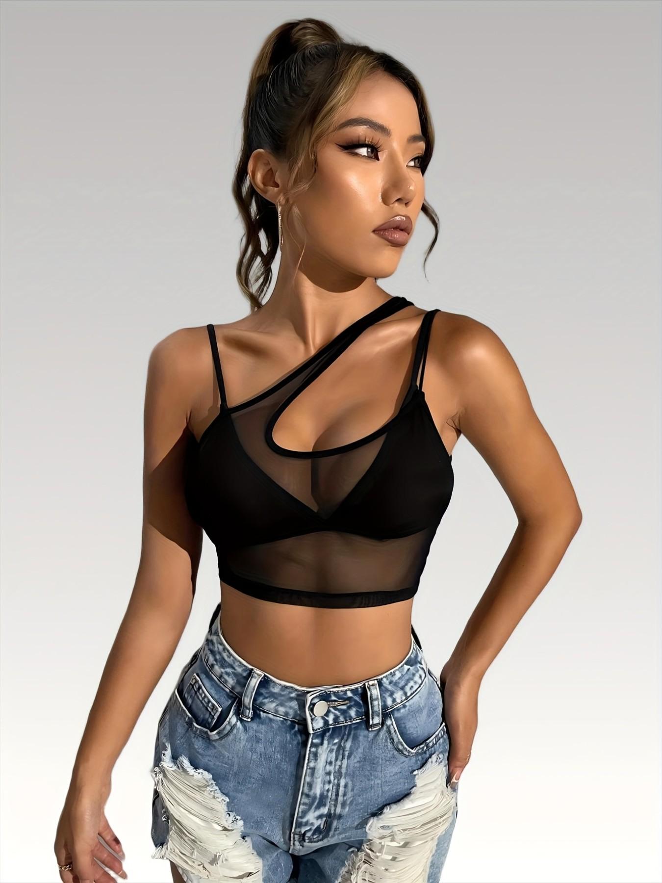 Trendy Y2K Baddie Asymmetrical Mesh Crop Top, Women's Sheer Cutout One Shoulder Cami, Sculpting Body-hugging Black Spaghetti Strap Shirt, Edgy Night Out Clubwear Party Outfit, Viral TikTok Fashion Festival Rave Top Must-Have