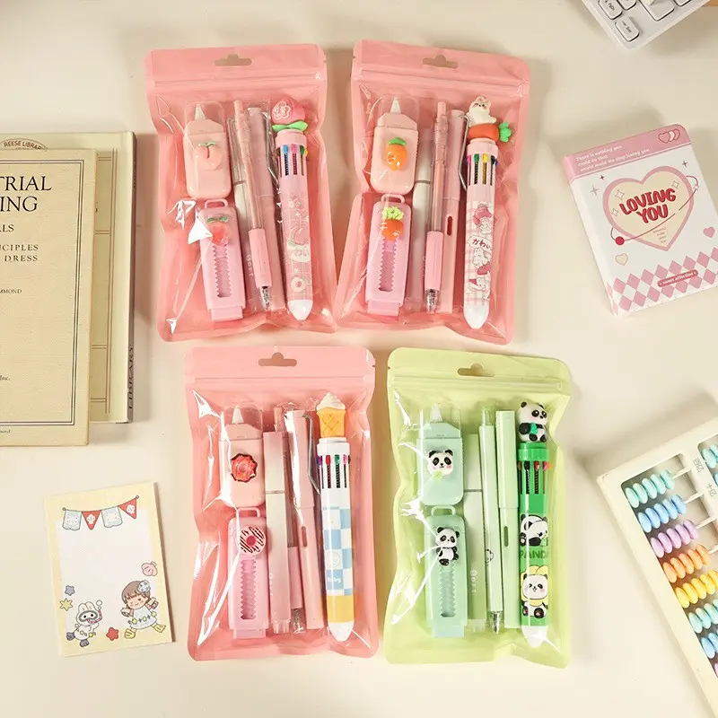 6pcs Cute Stationery Set, Multifunctional Pen Set Includes Pencil, Gel Pen, Highlighter, Correction Fluid, Eraser, Gift for Boys and Girls