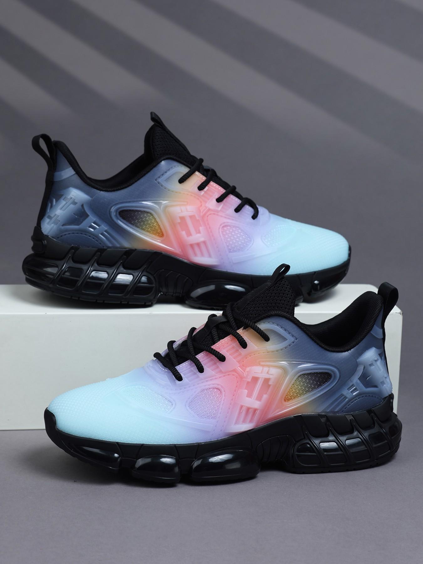 Men's Gradient Future-Style Thick Sole Running Shoes, Breathable Mesh, Semi-Transparent Geometric Overlay, Bubble Cushioning, Sporty Style