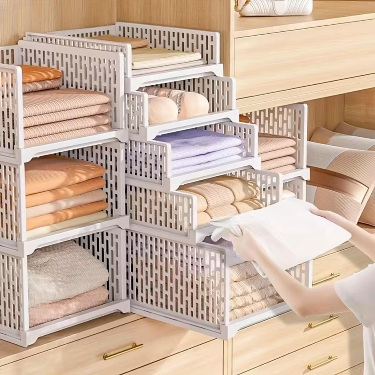 Stackable Plastic Storage Baskets, Foldable Closet Organizer Boxes, Wardrobe Container & Drawer Rack, Suitable for Cabinets, Bedroom, Dormitory, Bathroom, Kitchen, Office, Stackable Design