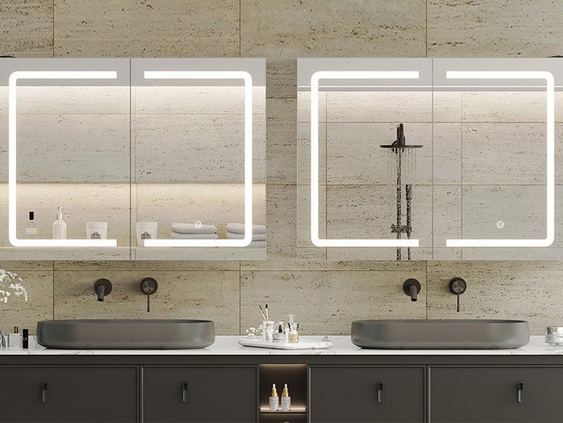 Sikaic Lighted Double Doors Medicine Cabinet with Touch Switch Mirrors and Storage Adjustable Shelves White Furniture Bathroom Vanity Home Led