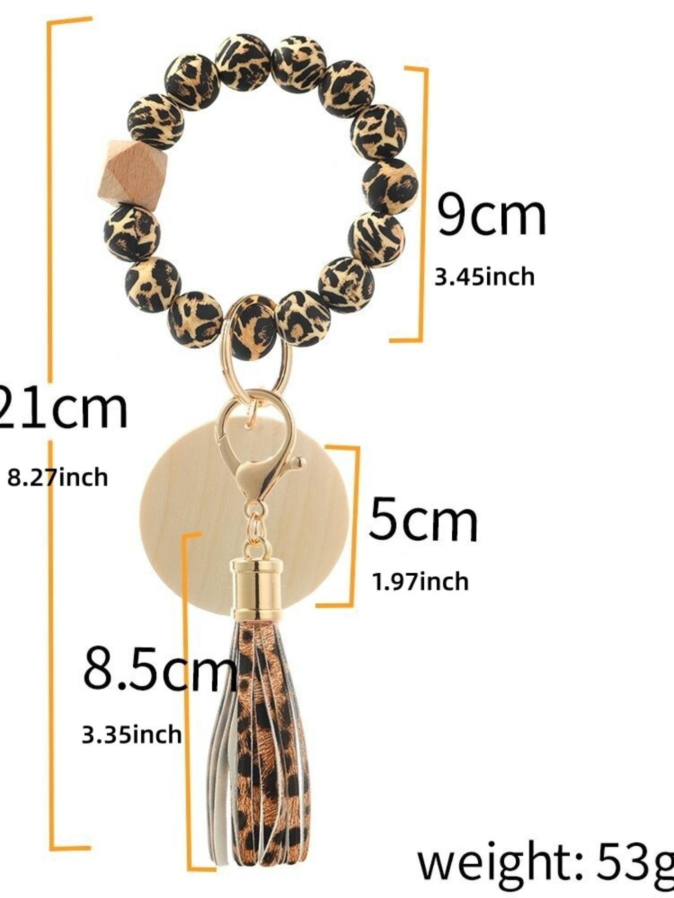 Women's Leopard Print Silicone Bead Wood Bead Tassel Bracelet Keychain, Printed Silicone Bead Wood Slice Wrist Keychain Logo Wooden Plate