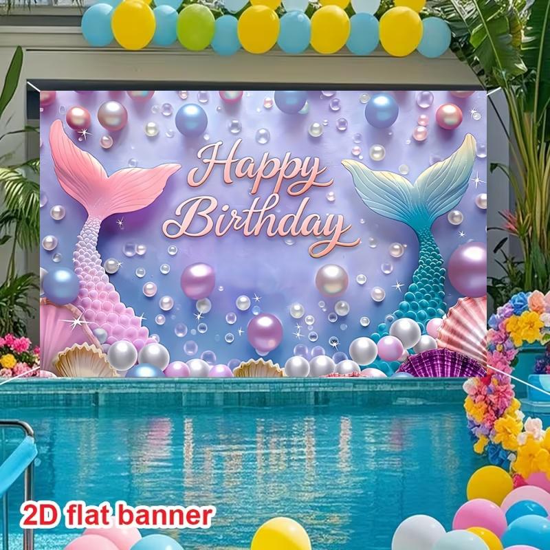 Mermaid Theme Birthday Banner, 2D Polyester Backdrop, Happy Birthday Underwater Fairy Tale Party Banner, Girl Child Photo Decoration