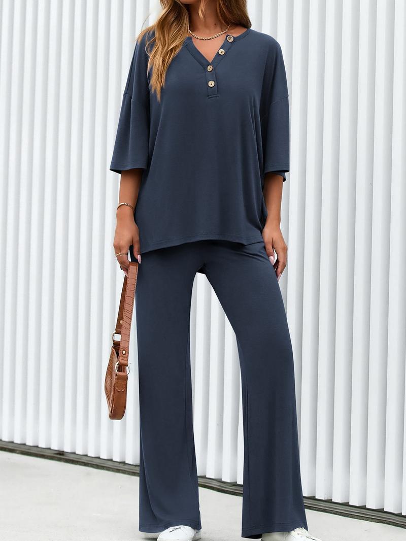 2 Piece Lounge Sets for Women  Short Sleeve Tops Wide Leg Pants Matching Travel Outfits Clothing