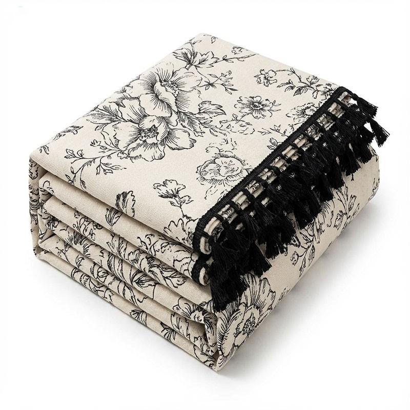 Round Printed Fringe Polyester Tablecloth, Vintage Floral Tassel Edge, Wrinkle & Stain Resistant, Easy Clean, Fast Dry, Home Restaurant Cafe