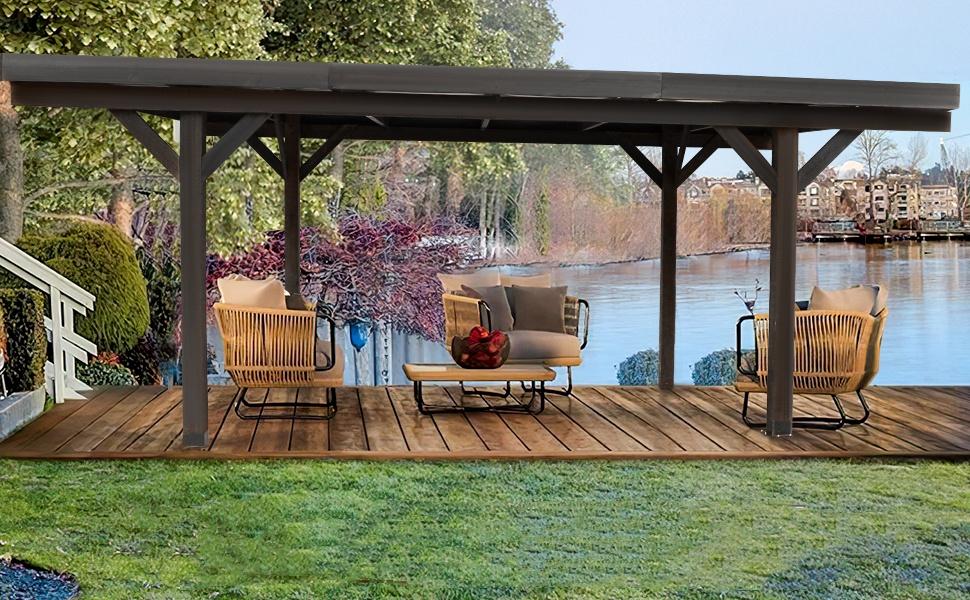 Patio Parasol Cedar Wooden Gazebo Pavilion 17ft x 12ft with Hard Top Slant Roof, Heavy Duty Carport Garage, Outdoor Pergola, Assembly Required Patio Canopy