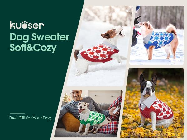 Kuoser Plaid Dog Sweater Warm Clothes, Patchwork Design Pet Dog Knitwear Classic Pullover Puppy Coat Cold Weather Sweatshirts with Leash Hole for Small Medium Cats Dogs
