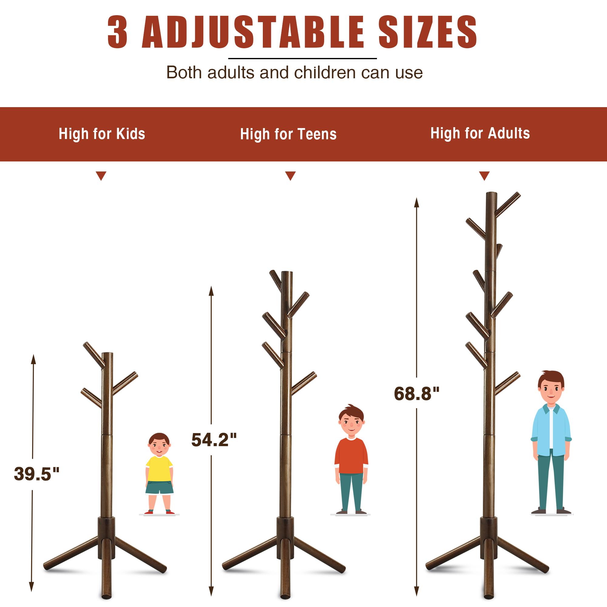 Wooden Coat Rack, Free Standing Coat Rack with 8 Hooks 3 Adjustable Heights for Clothes, Hats, Handbags, Coat Tree Easy Assembly for Entryway, Bedroom, Hallway, Office Minimal Organizer