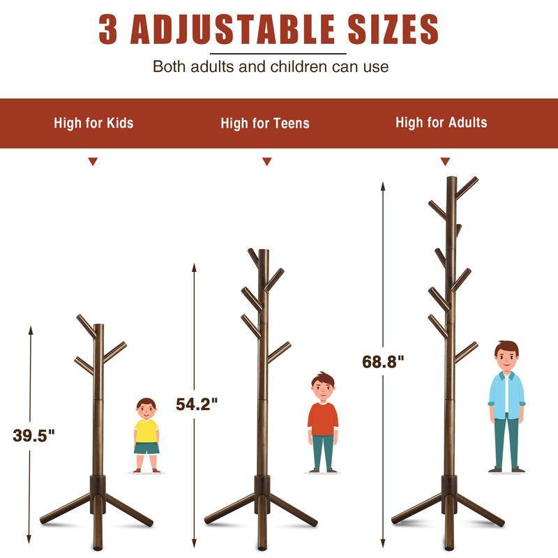 Wooden Coat Rack, Free Standing Coat Rack with 8 Hooks 3 Adjustable Heights for Clothes, Hats, Handbags, Coat Tree Easy Assembly for Entryway, Bedroom, Hallway, Office Minimal Organizer