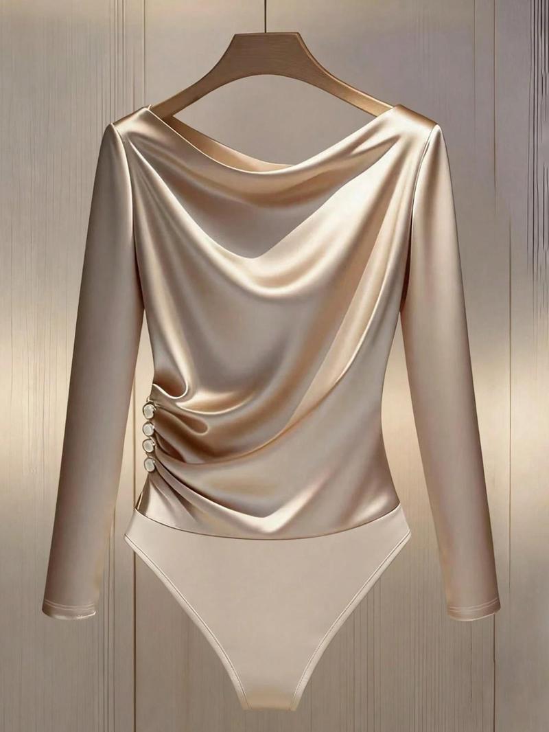 Women's Minimalist Long Sleeve Side Button Slim Fit Jumpsuit, Commuter Wear, Elegant Plain Pattern, Fall & Winter Fashion